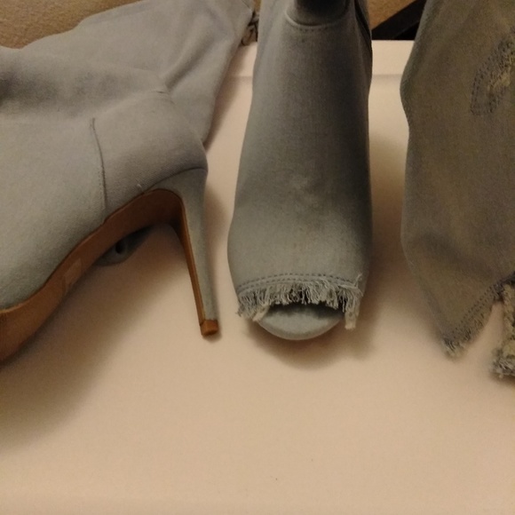 Wild Diva Peep Toe Light Denim Over the Knee Boots - Picture 7 of 8